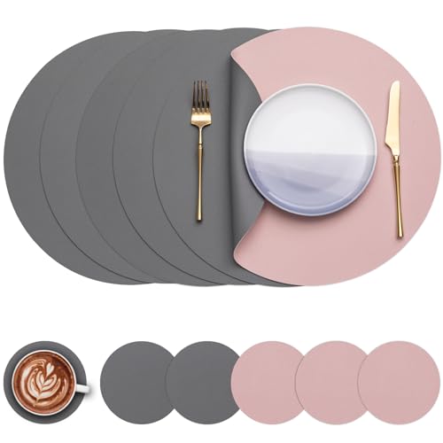 Myir JUN Tischsets 6er Set, Tischsets Abwaschbar Platzsets Rund Ø 38cm Platzdeckchen Rund Doppelseitigen rutschfest Platzsets Kunstleder Leder Tischset Lederoptik (Grau Rosa, 6er Set) von Myir JUN