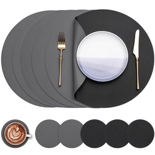 Myir JUN Tischsets 6er Set, Tischsets Abwaschbar Platzsets Rund Ø 38cm Platzdeckchen Rund Doppelseitigen rutschfest Platzsets Kunstleder Leder Tischset Lederoptik (Grau Schwarz, 6er Set) von Myir JUN
