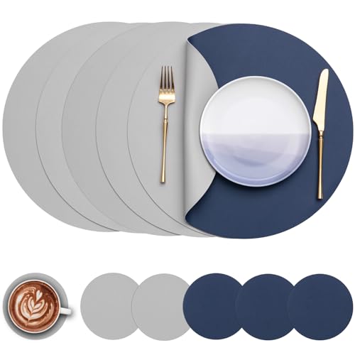 Myir JUN Tischsets 6er Set, Tischsets Abwaschbar Platzsets Rund Ø 38cm Platzdeckchen Rund Doppelseitigen rutschfest Platzsets Kunstleder Leder Tischset Lederoptik (Hellgrau Blau, 6er Set) von Myir JUN