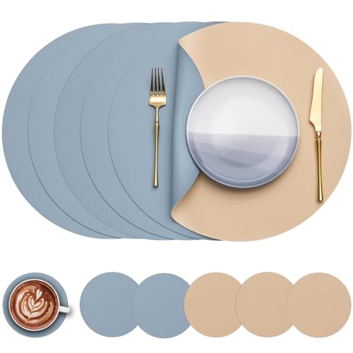 Myir JUN Tischsets 6er Set, Tischsets Abwaschbar Platzsets Rund Ø 38cm Platzdeckchen Rund Doppelseitigen rutschfest Platzsets Kunstleder Leder Tischset Lederoptik (Kamelgelb Hellblau, 6er Set) von Myir JUN