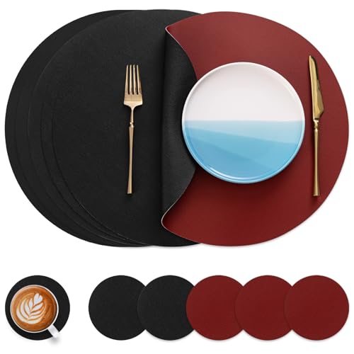 Myir JUN Tischsets 6er Set, Tischsets Abwaschbar Platzsets Rund Ø 38cm Platzdeckchen Rund Doppelseitigen rutschfest Platzsets Kunstleder Leder Tischset Lederoptik (Rot Schwarz, 6er Set) von Myir JUN