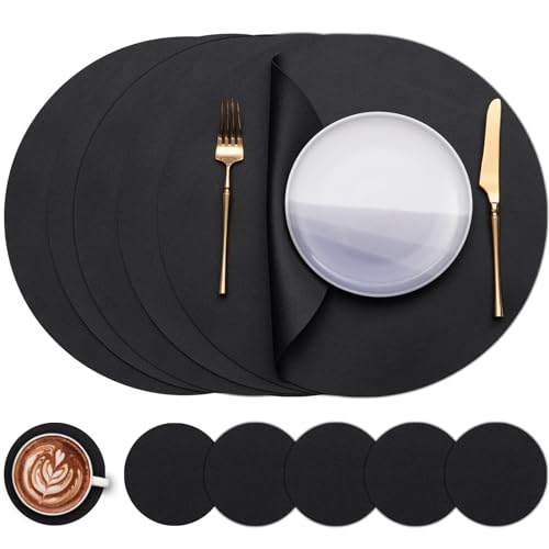 Myir JUN Tischsets 6er Set, Tischsets Abwaschbar Platzsets Rund Ø 38cm Platzdeckchen Rund Doppelseitigen rutschfest Platzsets Kunstleder Leder Tischset Lederoptik (Schwarz, 6er Set) von Myir JUN