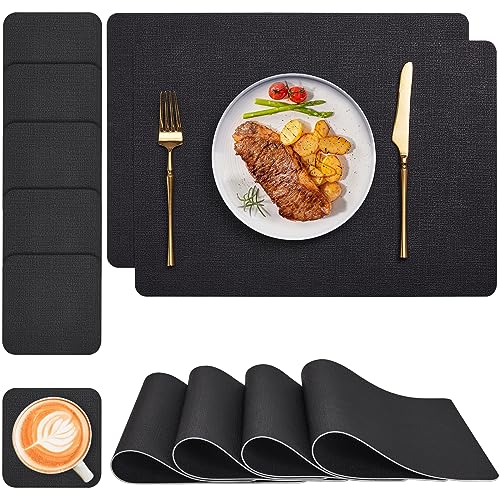 Myir JUN Tischsets Abwaschbar und Untersetzer 6er Set, Leder Platzsets Abwaschbar Kunstleder Schmutzabweisend & rutschfest, Platzdeckchen Abwischbar mit Lederoptik für Esszimmer von Myir JUN