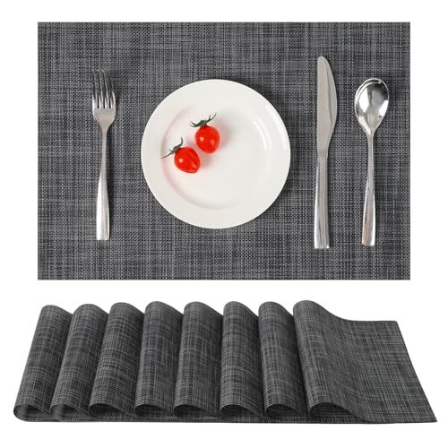Myir JUN Tischsets Abwaschbar 8er Set,Gewebte Platzdeckchen rutschfest Abgrifffeste Hitzebeständig,Vinyl Platzsets Abwaschbar für küche Speisetisch Hotel,Platz-Matten 30x43.5cm (Dark Grau) von Myir JUN