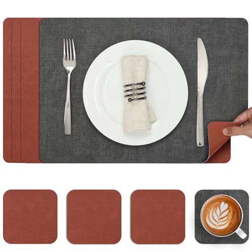 Myir JUN Tischsets Abwaschbar Leder und Untersetzer, Doppelseitigen Platzset 4er Set rutschfest Platzdeckchen Kunstleder (Grau Terrakotta, 4er Set) von Myir JUN
