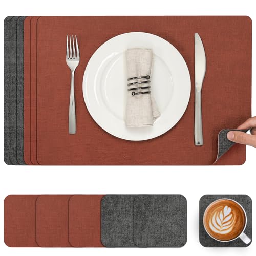 Myir JUN Tischsets Abwaschbar Leder und Untersetzer, Doppelseitigen Platzset 6er Set rutschfest Platzdeckchen Kunstleder(Grau Terrakotta, 6er Set) von Myir JUN
