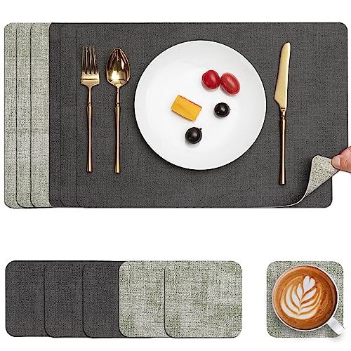 Myir JUN Tischsets Abwaschbar Leder und Untersetzer, Doppelseitigen Platzset 6er Set rutschfest Platzdeckchen Leder Kunstleder Tischset (Grau Grün, 6er Set) von Myir JUN