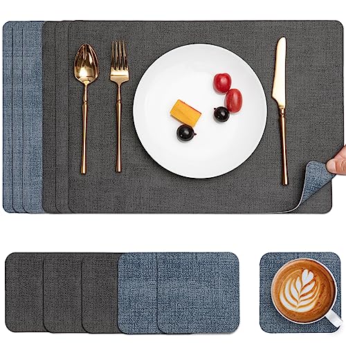 Myir JUN Tischsets Abwaschbar Leder und Untersetzer, Doppelseitigen Platzset 6er Set rutschfest Platzdeckchen Leder Kunstleder Tischset (Grau Hellblau, 6er Set) von Myir JUN