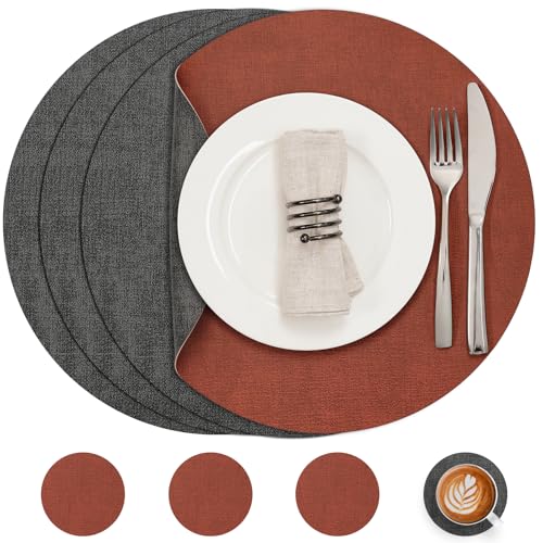 Myir JUN Tischsets Abwaschbar Leder und Untersetzer, Doppelseitigen Platzset Rund Ø 36cm 4er Set rutschfest Glasuntersetzer Platzdeckchen Kunstleder (Grau Terrakotta, 4er Set) von Myir JUN