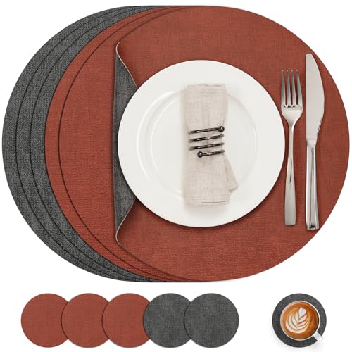 Myir JUN Tischsets Abwaschbar Leder und Untersetzer, Doppelseitigen Platzset Rund Ø 36cm 6er Set rutschfest Glasuntersetzer Platzdeckchen Kunstleder (Grau Terrakotta, 6er Set) von Myir JUN