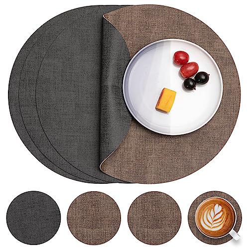 Myir JUN Tischsets Abwaschbar Leder und Untersetzer, Doppelseitigen Platzset Rund Ø 36cm 4er Set rutschfest Glasuntersetzer Platzdeckchen Leder Kunstleder Tischset (Grau Braun, 4er Set) von Myir JUN