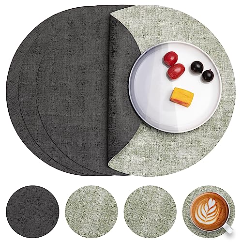 Myir JUN Tischsets Abwaschbar Leder und Untersetzer, Doppelseitigen Platzset Rund Ø 36cm 4er Set rutschfest Glasuntersetzer Platzdeckchen Leder Kunstleder Tischset (Grau Grün, 4er Set) von Myir JUN