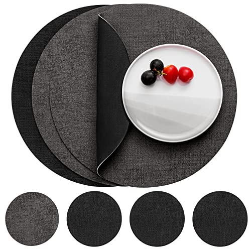 Myir JUN Tischsets Abwaschbar Leder und Untersetzer, Doppelseitigen Platzset Rund Ø 36cm 4er Set rutschfest Glasuntersetzer Platzdeckchen Leder Kunstleder Tischset (Grau Schwarz, 4er Set) von Myir JUN