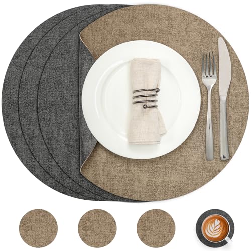 Myir JUN Tischsets Abwaschbar Leder und Untersetzer, Doppelseitigen Platzset Rund Ø 36cm 4er Set rutschfest Glasuntersetzer Platzdeckchen Kunstleder (Grau Beige) von Myir JUN