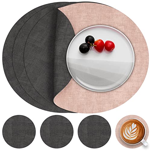 Myir JUN Tischsets Abwaschbar Leder und Untersetzer, Doppelseitigen Platzset Rund Ø 36cm 4er Set rutschfest Glasuntersetzer Platzdeckchen Leder Kunstleder Tischset (Grau Pink, 4er Set) von Myir JUN