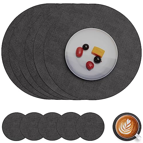 Myir JUN Tischsets Abwaschbar Leder und Untersetzer, Doppelseitigen Platzset Rund Ø 36cm 6er Set rutschfest Glasuntersetzer Platzdeckchen Leder Kunstleder Tischset (Grau, 6er Set) von Myir JUN