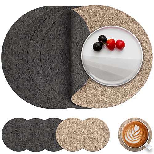 Myir JUN Tischsets Abwaschbar Leder und Untersetzer, Doppelseitigen Platzset Rund Ø 36cm 6er Set rutschfest Glasuntersetzer Platzdeckchen Leder Kunstleder Tischset (Grau Beige, 6er Set) von Myir JUN