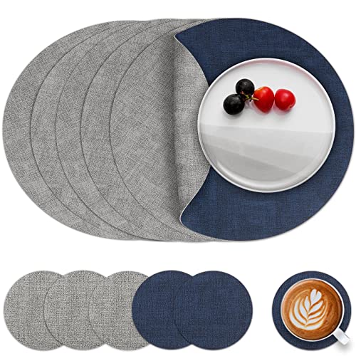 Myir JUN Tischsets Abwaschbar Leder und Untersetzer, Doppelseitigen Platzset Rund Ø 36cm 6er Set rutschfest Glasuntersetzer Platzdeckchen Leder Kunstleder Tischset (Grau Blau, 6er Set) von Myir JUN