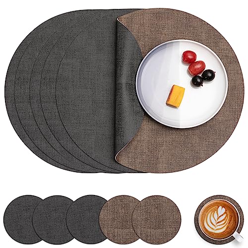 Myir JUN Tischsets Abwaschbar Leder und Untersetzer, Doppelseitigen Platzset Rund Ø 36cm 6er Set rutschfest Glasuntersetzer Platzdeckchen Leder Kunstleder Tischset (Grau Braun, 6er Set) von Myir JUN