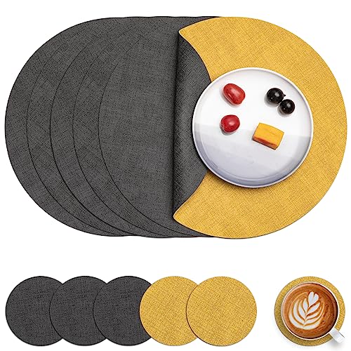 Myir JUN Tischsets Abwaschbar Leder und Untersetzer, Doppelseitigen Platzset Rund Ø 36cm 6er Set rutschfest Glasuntersetzer Platzdeckchen Leder Kunstleder Tischset (Grau Gelb, 6er Set) von Myir JUN