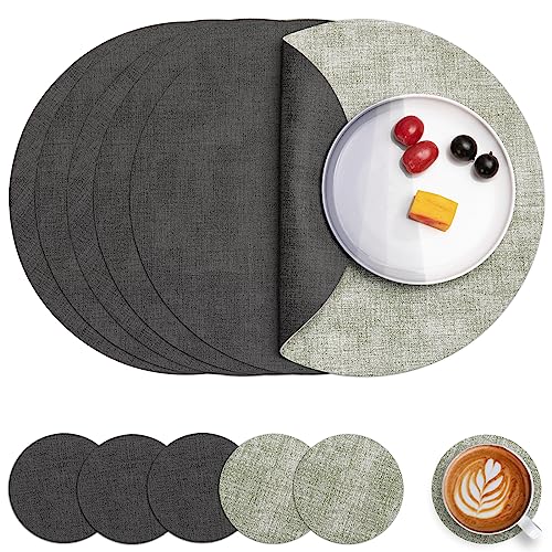 Myir JUN Tischsets Abwaschbar Leder und Untersetzer, Doppelseitigen Platzset Rund Ø 36cm 6er Set rutschfest Glasuntersetzer Platzdeckchen Leder Kunstleder Tischset (Grau Grün, 6er Set) von Myir JUN