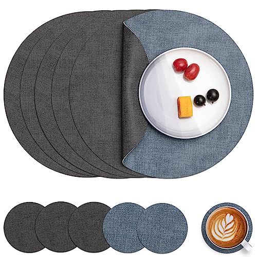 Myir JUN Tischsets Abwaschbar Leder und Untersetzer, Doppelseitigen Platzset Rund Ø 36cm 6er Set rutschfest Glasuntersetzer Platzdeckchen Leder Kunstleder Tischset (Grau Hellblau, 6er Set) von Myir JUN