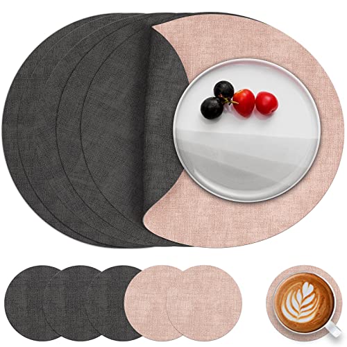 Myir JUN Tischsets Abwaschbar Leder und Untersetzer, Doppelseitigen Platzset Rund Ø 36cm 6er Set rutschfest Glasuntersetzer Platzdeckchen Leder Kunstleder Tischset (Grau Pink, 6er Set) von Myir JUN