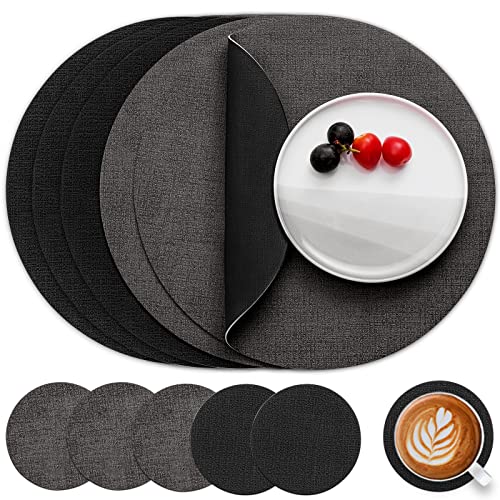 Myir JUN Tischsets Abwaschbar Leder und Untersetzer, Doppelseitigen Platzset Rund Ø 36cm 6er Set rutschfest Glasuntersetzer Platzdeckchen Leder Kunstleder Tischset (Grau Schwarz, 6er Set) von Myir JUN