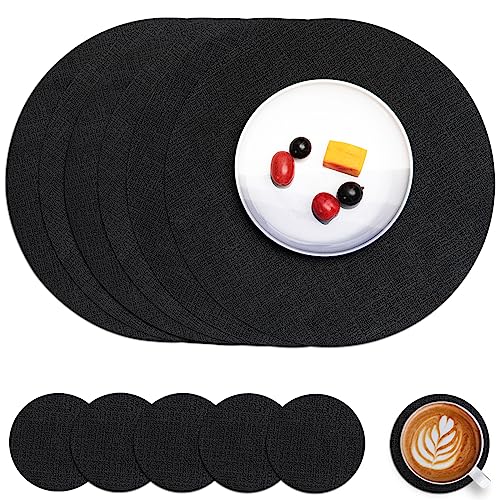 Myir JUN Tischsets Abwaschbar Leder und Untersetzer, Doppelseitigen Platzset Rund Ø 36cm 6er Set rutschfest Glasuntersetzer Platzdeckchen Leder Kunstleder Tischset (Schwarz, 6er Set) von Myir JUN