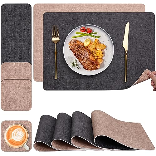 Myir JUN Tischsets Abwaschbar und Untersetzer 6er Set, Leder Platzsets Abwaschbar Doppelseitig Bedruckt Kunstleder Schmutzabweisend & rutschfest, Platzdeckchen Abwischbar mit Lederoptik für Esszimmer von Myir JUN
