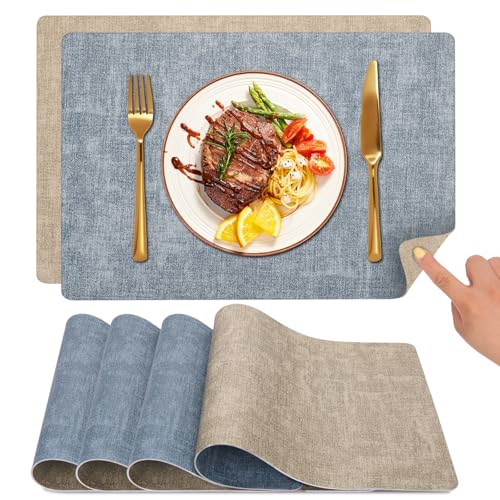 Myir JUN Tischsets Abwaschbar und Untersetzer, Platzsets Abwaschbar Doppelseitigen Platzdeckchen Kunstleder rutschfest Tischset Lederoptik für Speisetisch (Bräunlich/Zartes Blau, 4er Set) von Myir JUN