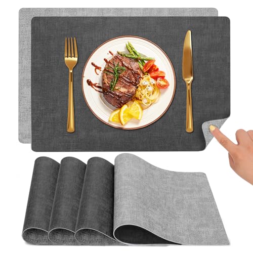 Myir JUN Tischsets Abwaschbar und Untersetzer, Platzsets Abwaschbar Doppelseitigen Platzdeckchen Kunstleder rutschfest Tischset Lederoptik für Speisetisch (Dunkelgrau/Hellgrau, 4er Set) von Myir JUN