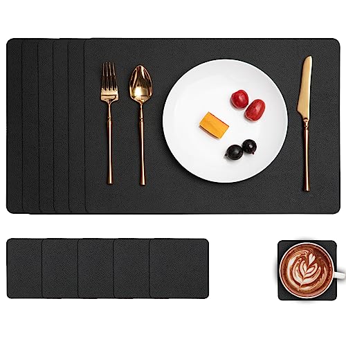 Myir JUN Tischsets Abwaschbar und Untersetzer, Tischsets Leder Platzdeckchen Platzset Abwischbar Doppelseitigen Tischsets Umkehrbares Tischset rutschfest Tischset Lederoptik (Satz von 6, Schwarz) von Myir JUN