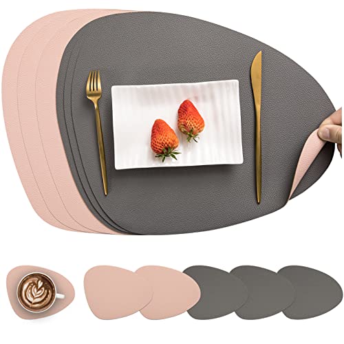 Myir JUN Tischsets Leder und Untersetzer, Tischsets Abwaschbar Rund Doppelseitigen rutschfest Platzdeckchen Leder Kunstleder Tischset Lederoptik Platzset (Grau Rosa, Satz von 6) von Myir JUN