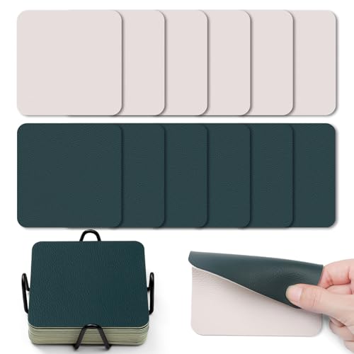 Myir JUN Untersetzer Gläser 12er Viereckige Glas Untersetzer Set 10cm Doppelseitige Untersetzer Teller Wasserfeste rutschfeste Untersetzer mit Untersetzerhaltern(Beige Grün) von Myir JUN