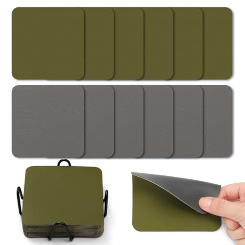 Myir JUN Untersetzer Gläser 12er Viereckige Glas Untersetzer Set 10cm Doppelseitige Untersetzer Teller Wasserfeste rutschfeste Untersetzer mit Untersetzerhaltern(Grau Grün) von Myir JUN