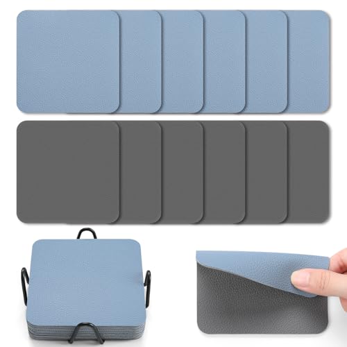 Myir JUN Untersetzer Gläser 12er Viereckige Glas Untersetzer Set 10cm Doppelseitige Untersetzer Teller Wasserfeste rutschfeste Untersetzer mit Untersetzerhaltern(Grau Himmelblau) von Myir JUN