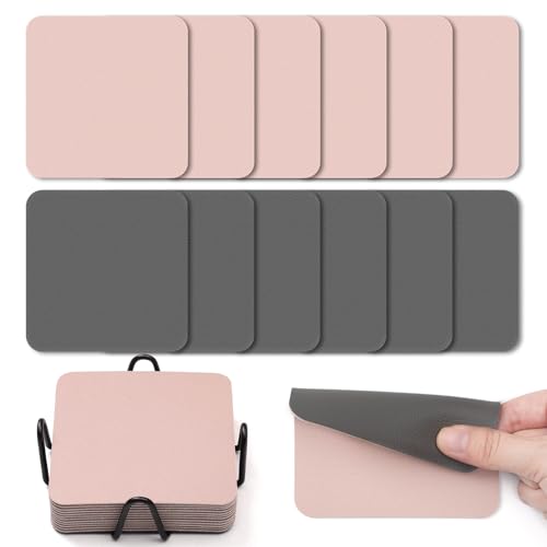 Myir JUN Untersetzer Gläser 12er Viereckige Glas Untersetzer Set 10cm Doppelseitige Untersetzer Teller Wasserfeste rutschfeste Untersetzer mit Untersetzerhaltern(Grau Rosa) von Myir JUN