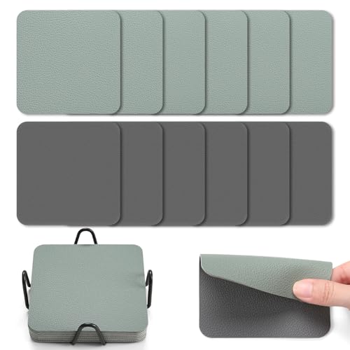 Myir JUN Untersetzer Gläser 12er Viereckige Glas Untersetzer Set 10cm Doppelseitige Untersetzer Teller Wasserfeste rutschfeste Untersetzer mit Untersetzerhaltern(Grau Salbeigrün) von Myir JUN