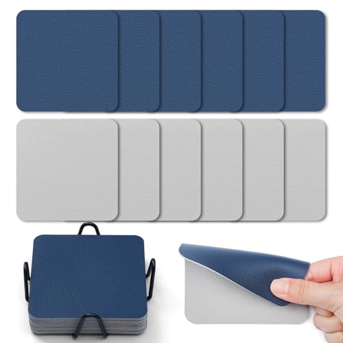 Myir JUN Untersetzer Gläser 12er Viereckige Glas Untersetzer Set 10cm Doppelseitige Untersetzer Teller Wasserfeste rutschfeste Untersetzer mit Untersetzerhaltern(Hellgrau Blau) von Myir JUN