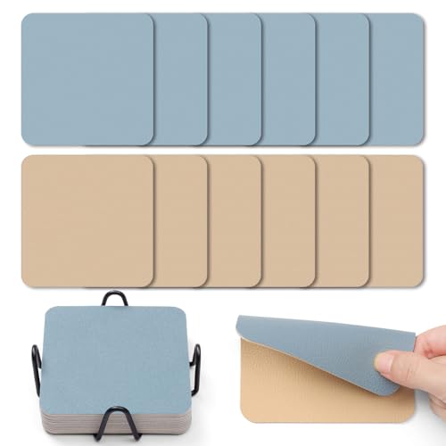 Myir JUN Untersetzer Gläser 12er Viereckige Glas Untersetzer Set 10cm Doppelseitige Untersetzer Teller Wasserfeste rutschfeste Untersetzer mit Untersetzerhaltern(Kamelgelb Hellblau) von Myir JUN