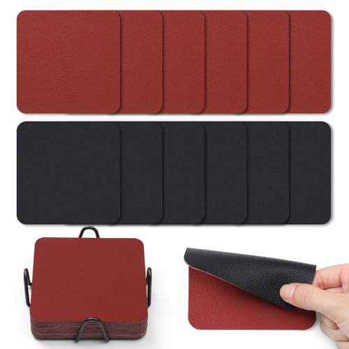 Myir JUN Untersetzer Gläser 12er Viereckige Glas Untersetzer Set 10cm Doppelseitige Untersetzer Teller Wasserfeste rutschfeste Untersetzer mit Untersetzerhaltern(Rot Schwarz) von Myir JUN