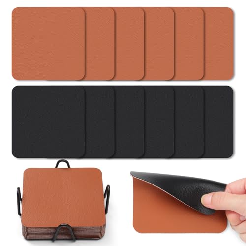 Myir JUN Untersetzer Gläser 12er Viereckige Glas Untersetzer Set 10cm Doppelseitige Untersetzer Teller Wasserfeste rutschfeste Untersetzer mit Untersetzerhaltern(Schwarz Braun) von Myir JUN