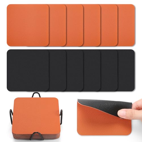 Myir JUN Untersetzer Gläser 12er Viereckige Glas Untersetzer Set 10cm Doppelseitige Untersetzer Teller Wasserfeste rutschfeste Untersetzer mit Untersetzerhaltern(Schwarz Orange) von Myir JUN