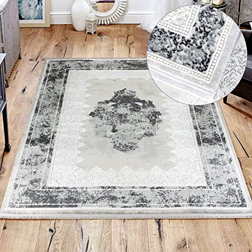 Mynes Home Designer Teppich Läufer 80 cm x 150 cm/Weicher orientalischer Teppich mit Muster in Grau Weiß/Barock Vintage 3D Struktur/für Wohnzimmer und Haushalte mit Kinder geeignet von Mynes