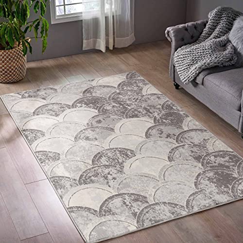 Mynes Home Kurzflor Teppich Wohnzimmer Grau / 200x290 cm/Moderne Designer Teppiche Halb Kreis Muster mit Flachem Flor/Pflegeleichte Moderne Wohnzimmerteppiche von Mynes