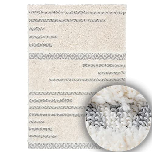 Mynes Home Shaggy Teppich Läufer Hochflor Creme Grau Weiss / 80x150 cm/Boho Ethno Muster / 3D Linien Struktur von Mynes Home