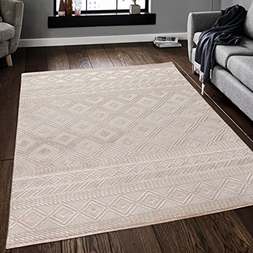 Mynes Home - Teppich Wohnzimmer Kurzflor Beige Boho einfarbig - Vintage Skandinavisches 3D Muster - Grösse 80x150 cm von Mynes