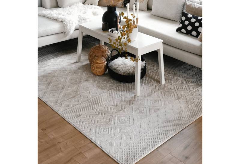 Teppich Kurzflor Designer Teppiche Boho Beige, Mynes Home, Wohnzimmer, 3D Hoch-Tief-Struktur, Höhe: 11-13 mm, rechteckig von Mynes Home