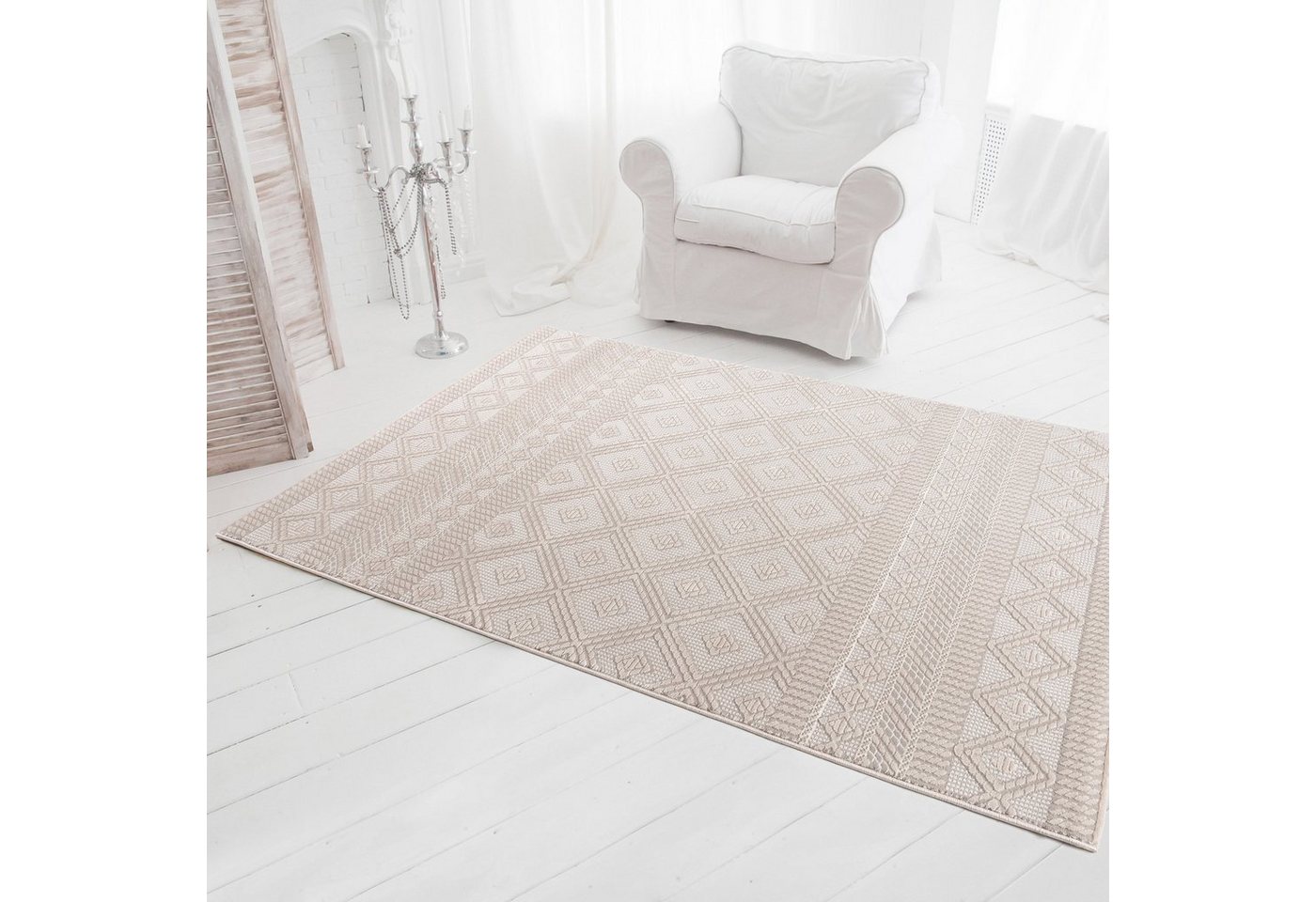 Teppich Kurzflor Designer Teppiche Boho Beige, Mynes Home, Wohnzimmer, 3D Hoch-Tief-Struktur, Höhe: 11-13 mm, rechteckig von Mynes Home